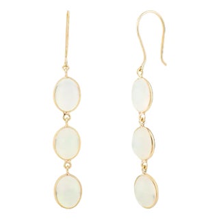 Three Opal Dangle Drop Earrings in 18k Solid Yellow Gold- a Pair For Sale