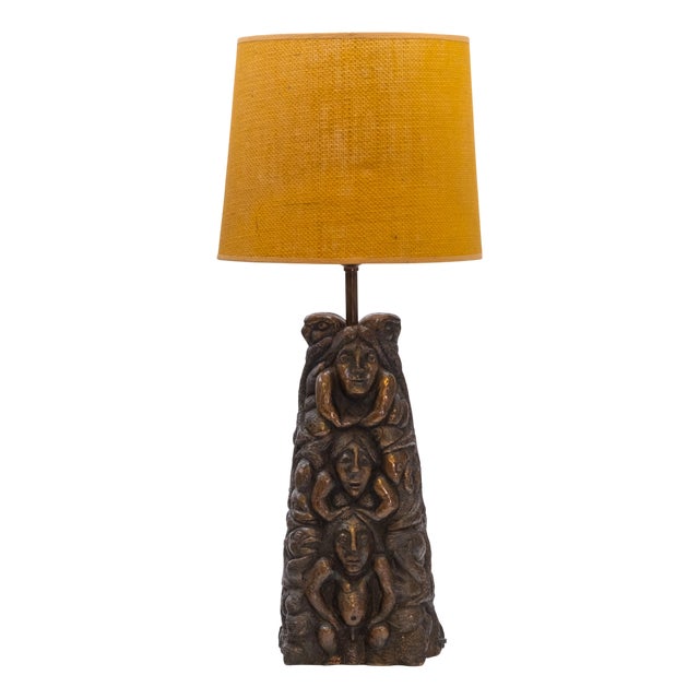Large Bronzed and Pottery Figurative Table Lamp, 1970s For Sale