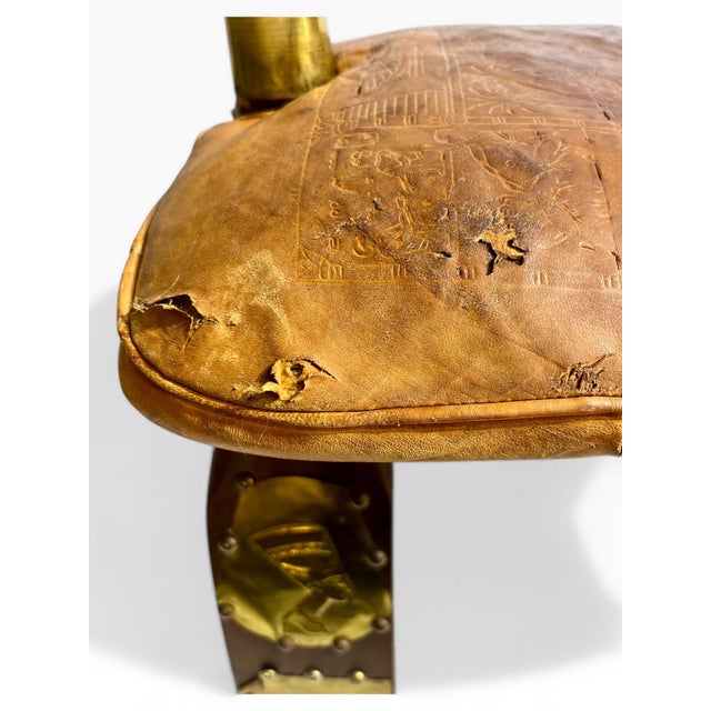 Vintage Mid-Century Egyptian Camel Saddle Stool in Leather and Brass For Sale - Image 9 of 15