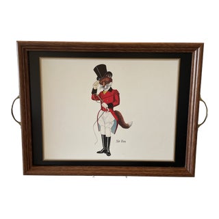 Vintage Wood Sir Fox Tray With Brass Handles For Sale