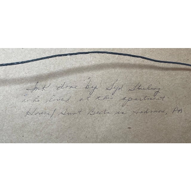 Black Vintage 75' Original S. Stirling Stylized Ink Drawing Apartment Cityscape Sketch For Sale - Image 8 of 12