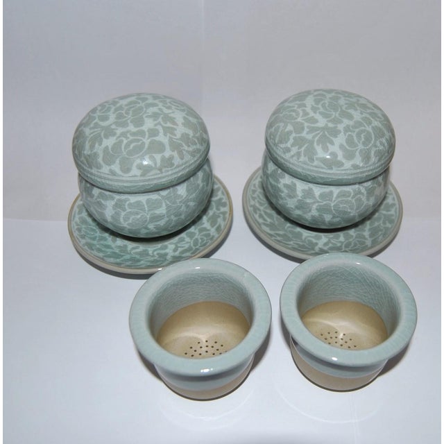 1980s Celadon Pottery Tea Bowls Lidded Chawan and Saucers With Strainers- Set of 2 For Sale In Salt Lake City - Image 6 of 9