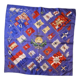 Hermes France Carre 90 Blue Pavois Royal European Nautical Flag Print Silk Scarf For Sale