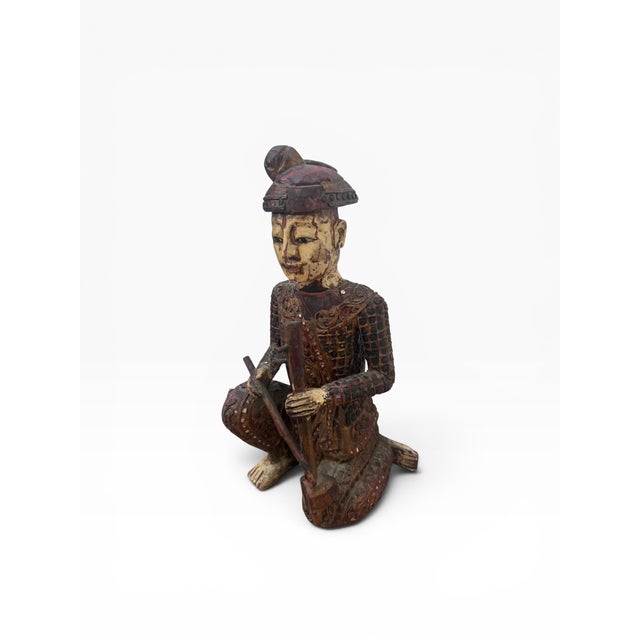 Mid 20th Century Hand-Carved Chinese Wooden Figural Sculpture of Seated Musician Holding Musical Instrument For Sale - Image 9 of 14