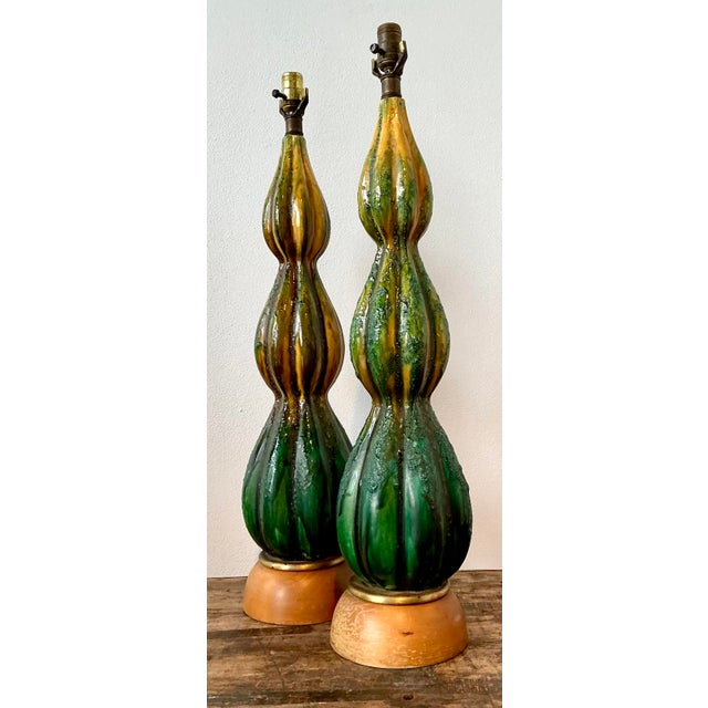 Mid-Century Modern Vintage MCM Lava Glaze Ceramic Lamps - A Pair For Sale - Image 3 of 12