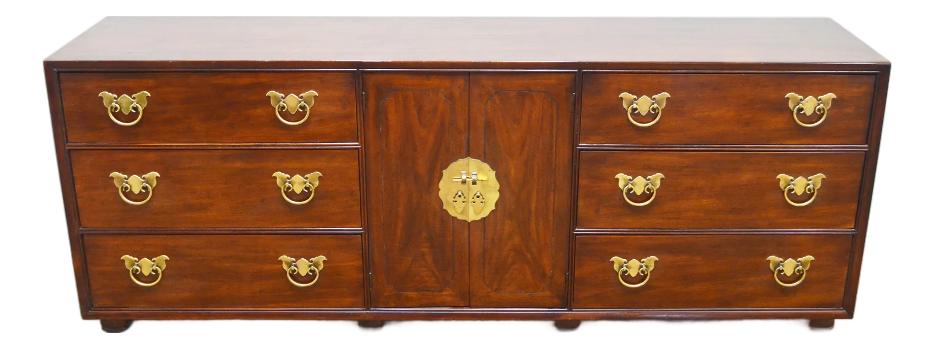 henredon dresser vintage Chinoiserie Campaign Project 80 Long - Hollywood Regency Asian Style 9 Drawer Credenza | Henredon - $1595 | Kashew Henredon Campaign Mid Century Oak