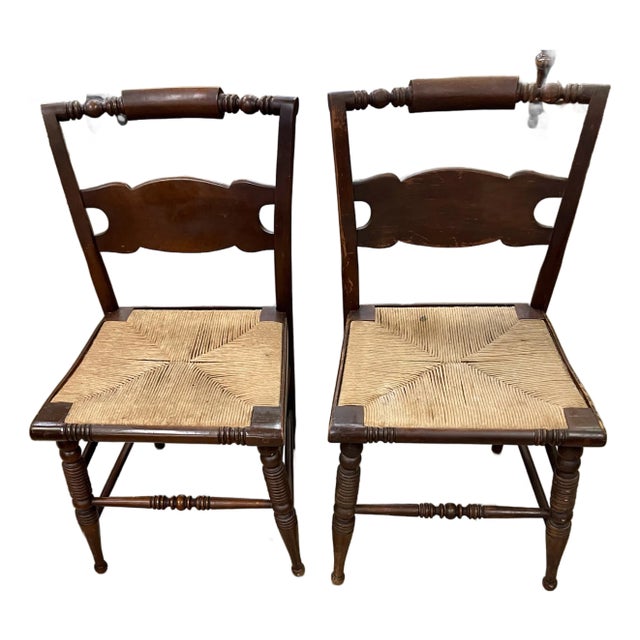 Early 20th Century Antique Hitchcock Chairs With Turtle Back and Rush Seats - A Pair For Sale