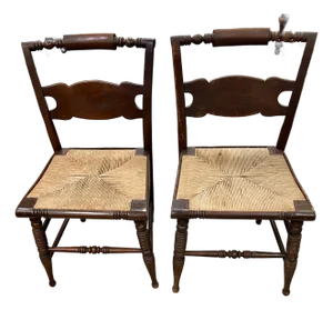 Early 20th Century Antique Hitchcock Chairs With Turtle Back and Rush Seats - A Pair