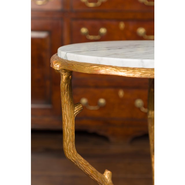 Metal French Vintage Gilt Metal Side Table with Faux Bois Style Legs and Marble Top For Sale - Image 7 of 11