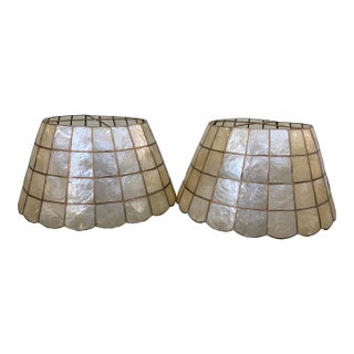 1970s Pair of Large Vintage Capiz Shell Lamp Shades With Brass Frames For Sale