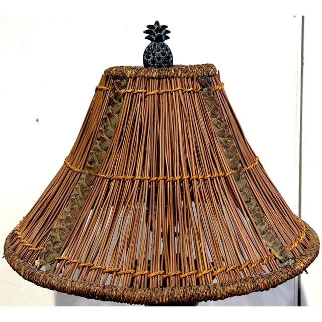Black 1990s Coastal Bronze Pineapple Lamps, Custom Rattan Shades & Pineapple Finials - a Pair For Sale - Image 8 of 12
