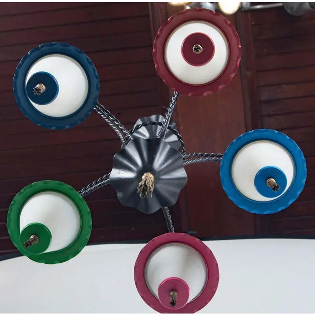 1950s Japanese Wrought Iron 5 Lanterns Chandelier For Sale - Image 9 of 11