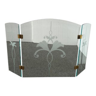 Fireplace Screen With Three Panel Floral Etched Glass and Brass Hinges For Sale