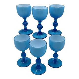 Vintage Carlo Moretti Italy Turquoise White Cased Glass Shot Cordial Glasses - Set of 6 For Sale