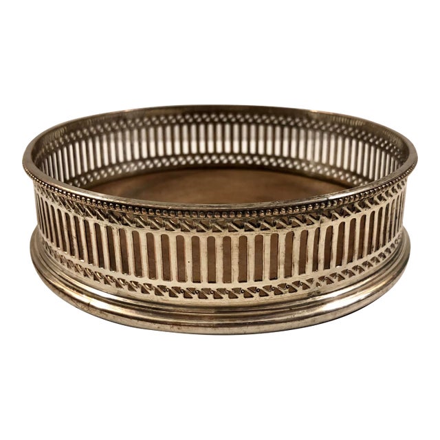 1950s English Pierced Silverplate and Wood Wine Coaster For Sale