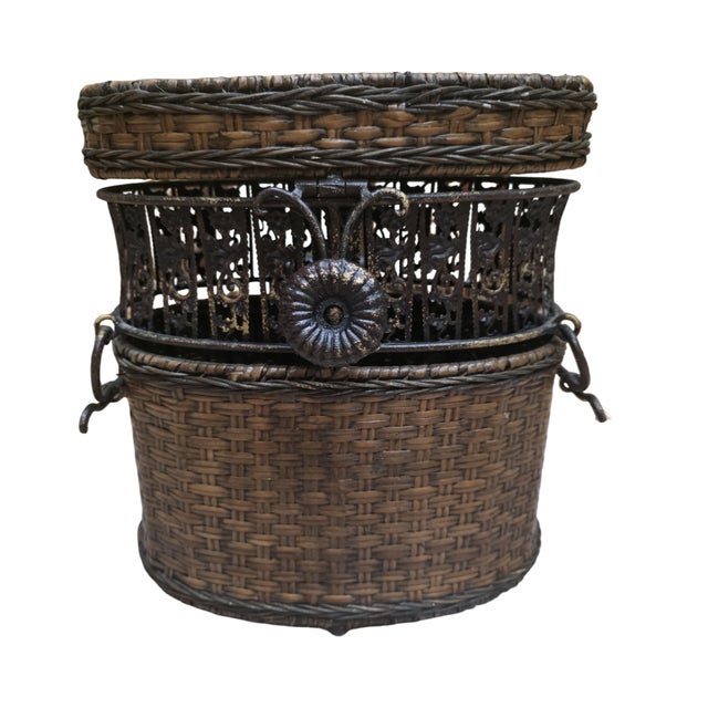 Vintage Woven Rattan & Ornate Metal Storage Basket Chest For Sale - Image 4 of 7