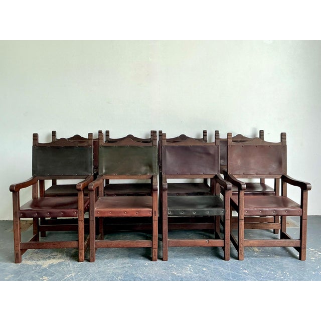 This handsome set of six vintage Spanish armchairs reflects the enduring appeal of traditional Iberian design, combining...