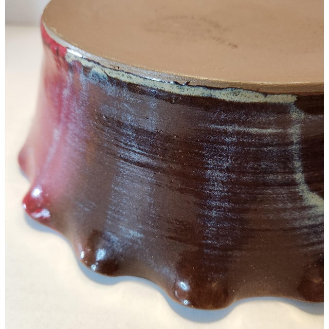Red Vintage Handmade Ruffled Ceramic Bowl Red & Brown Drip Glaze Studio Pottery For Sale - Image 8 of 9