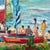 Impressionist Vintage Japanese Signed Oil Painting Coastal Beach Scene W/ Sailboats in Burlwood Frame For Sale - Image 3 of 11