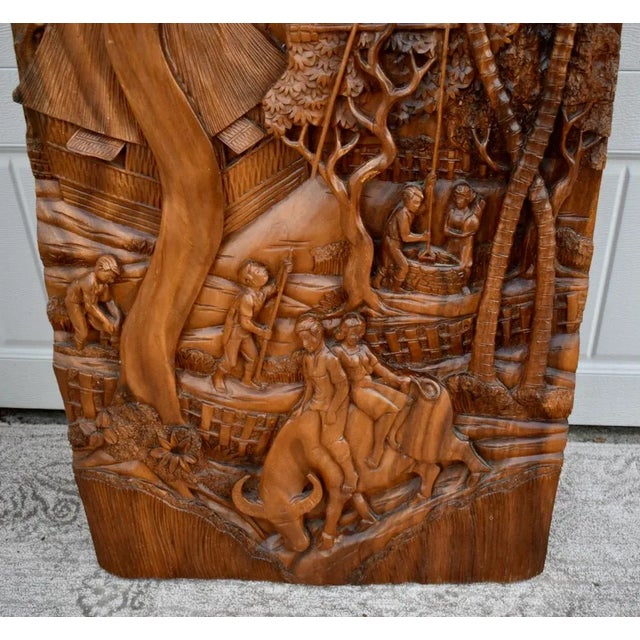 Wood Teak Hand Carved Plaque Large 3d Wood Relief Balinese Tropical Wall Art For Sale - Image 7 of 11