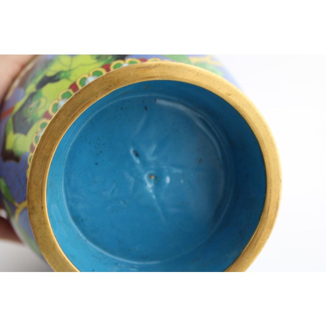VTG Chinese Cloisonne Vase Cobalt Blue Bird Peony Floral Chinoiserie, 10.25” T For Sale In Dallas - Image 6 of 10