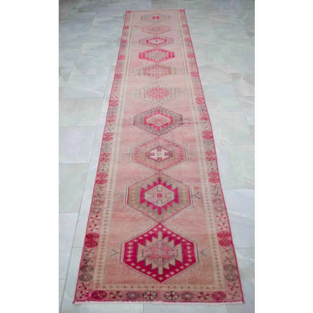 Hand-Knotted Turkish Runner Rug . Low Pile Hallway Decor Runner Rug 2′9″ × 12′10″ For Sale - Image 6 of 10