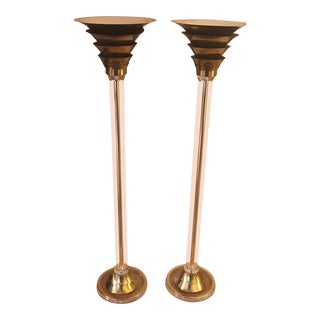 1970s Art Deco Lucite & Brass Torchere Lamps - a Pair For Sale