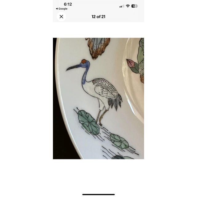Green Vintage Chinese Bowl W/ Hand Painted Lotus Flowers & Cranes For Sale - Image 8 of 12