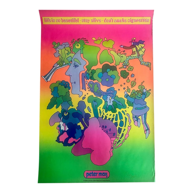Vintage Signed Peter Max Poster 1970s American Anti Smoking Pop Art For Sale