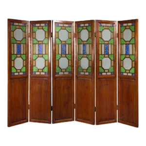 Antique Chinese Stained Glass Geometric Motif 6-Panel Folding Screen