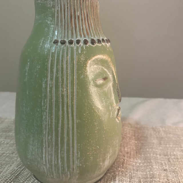 1970s Green Ceramic Vase With Face Motif For Sale In New Orleans - Image 6 of 7