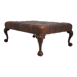 Large Ball & Claw Foot Brown Leather Ottoman For Sale