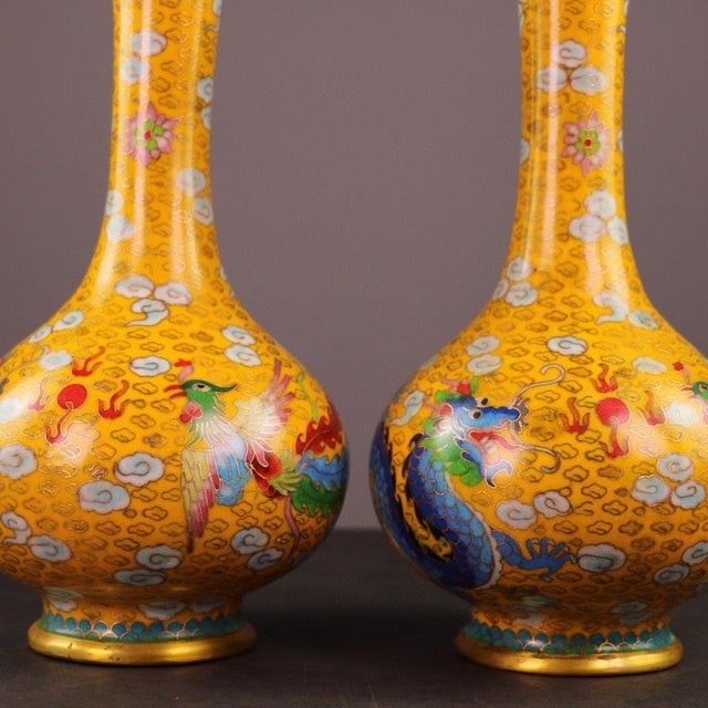 Chinese Pair of Vintage Chinese Cloisonné "Dragon & Phoenix" Vases - 3750g For Sale - Image 3 of 9