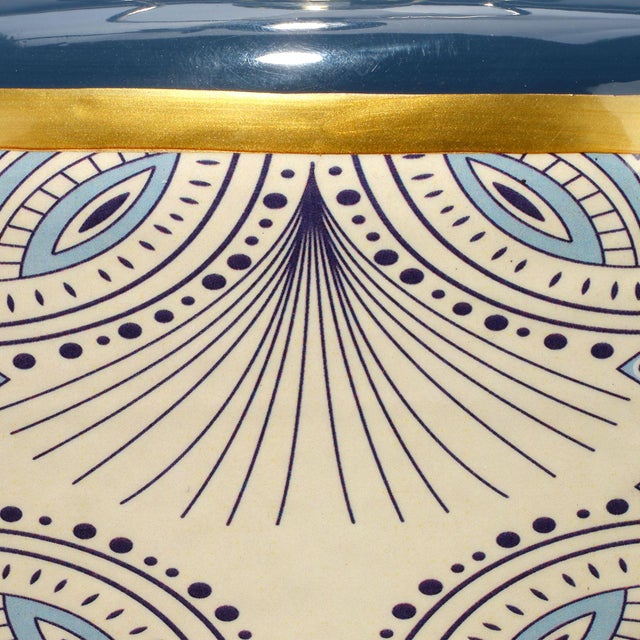 Jamie Young Jamie Young Orbital Table Lamp in Cream and Blue Patterned Ceramic For Sale - Image 4 of 7