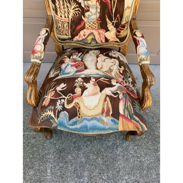 Gold French Provincial Louis XV Giltwood Fauteuil With Chinoiserie Tapestry Upholstery For Sale - Image 8 of 12