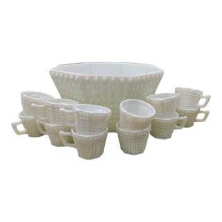 Vintage Fenton White Hobnail Milk Glass Octagonal Punchbowl With 12 Cups For Sale