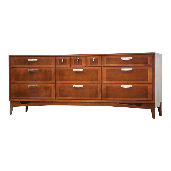 open lace back dress Red Lion Vintage Mid Century Modern Walnut & Burl Lowboy Dresser c. 1960s