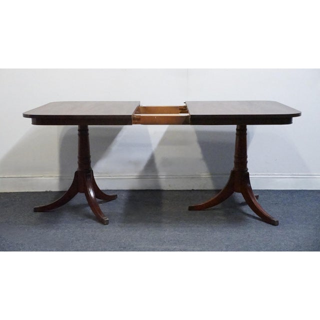 Late 20th Century Drexel Furniture New Hampton Court Collection Solid Mahogany Traditional Style 66" Double Pedestal Dining Table 4015-4 For Sale - Image 5 of 9