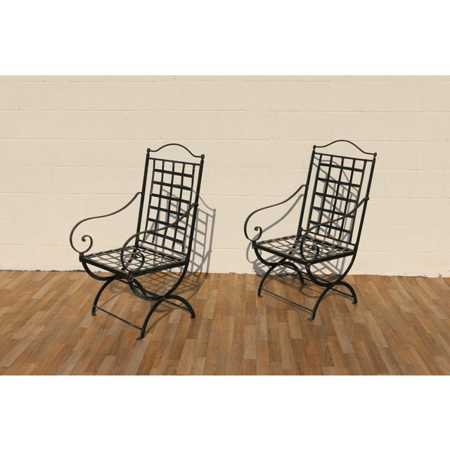 Ebony Pair of Hervé Baume French Wrought Iron Folding Patio Chairs | Outdoor Garden Armchairs | France 1970s For Sale - Image 8 of 18