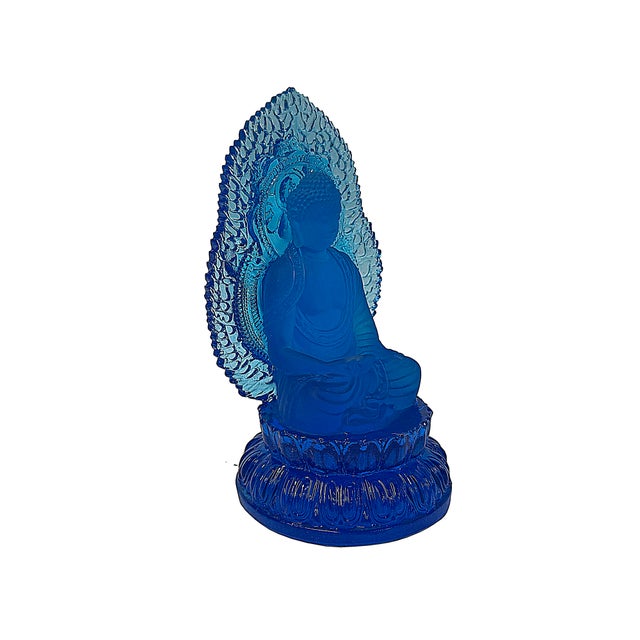 Blue Crystal Glass Sitting Buddha Lotus Base Mandorla Halo Back Statue For Sale - Image 9 of 10