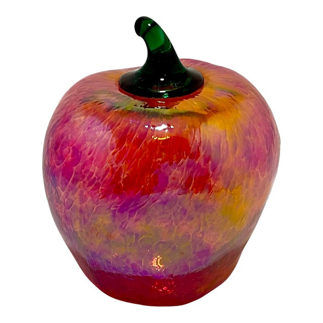 Hand-Blown Iridescent Art Glass Apple Paper Weight For Sale