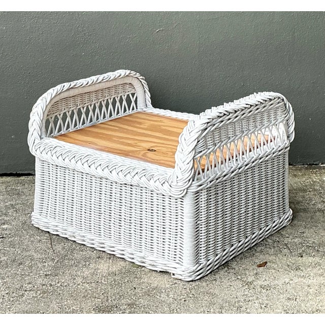 Wood Vintage Braided White Rattan Ottoman For Sale - Image 7 of 12