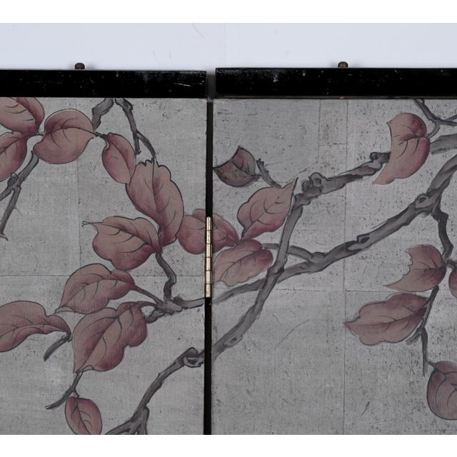 Early 20th Century Antique Japanese "Mating Asian Quails" Late 19th-Early 20th Century Hand Painted Screen 2-Panel Screen With Muted Colors on Dark Silver Background For Sale - Image 5 of 11