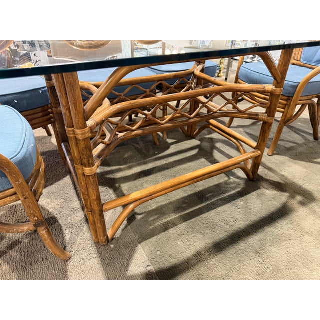 Hollywood Regency Pacific Rattan Glass Top Table With Eight Chairs For Sale - Image 3 of 7