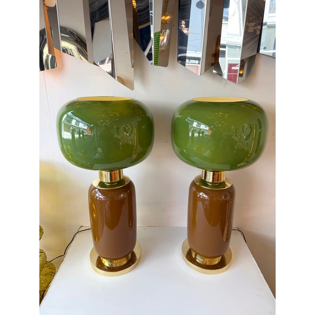 Brass Contemporary Pair of Brass and Green Murano Glass Bulb Shade Lamps, Italy For Sale - Image 8 of 12