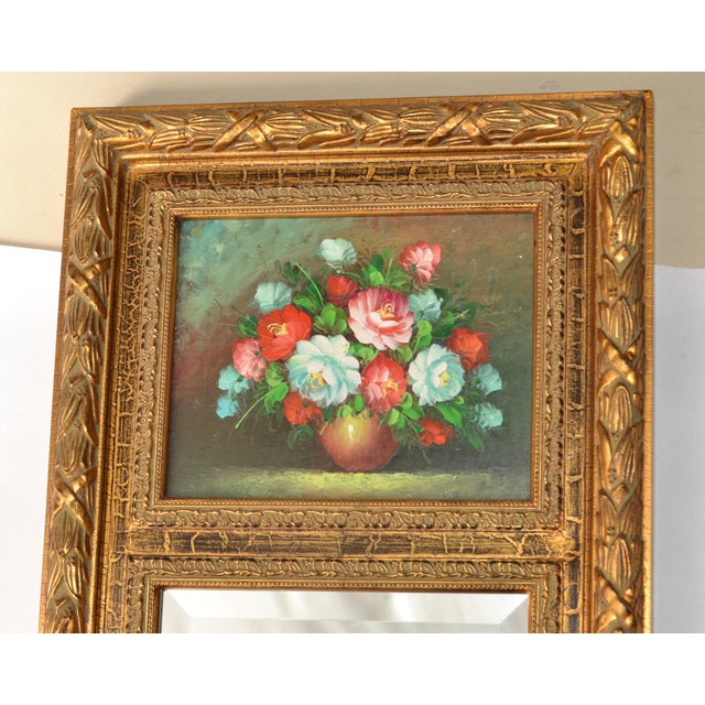 Wood Early 20th Century Gilded Trumeau Beveled Mirror With Floral Oil Painting For Sale - Image 7 of 15