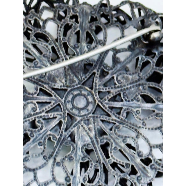 Vintage 1960s Victorian Revival Filigree Floral Brooch Green Cabochon Statement Pin For Sale In New York - Image 6 of 12