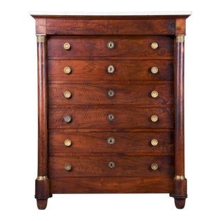 Antique French Empire Walnut Tall Chest of Drawers W/ White Marble Top For Sale