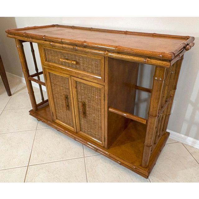 Mid-Century Modern Vintage American of Martinsville Palm Beach Chic Bamboo Bar Cabinet on Casters For Sale - Image 3 of 18