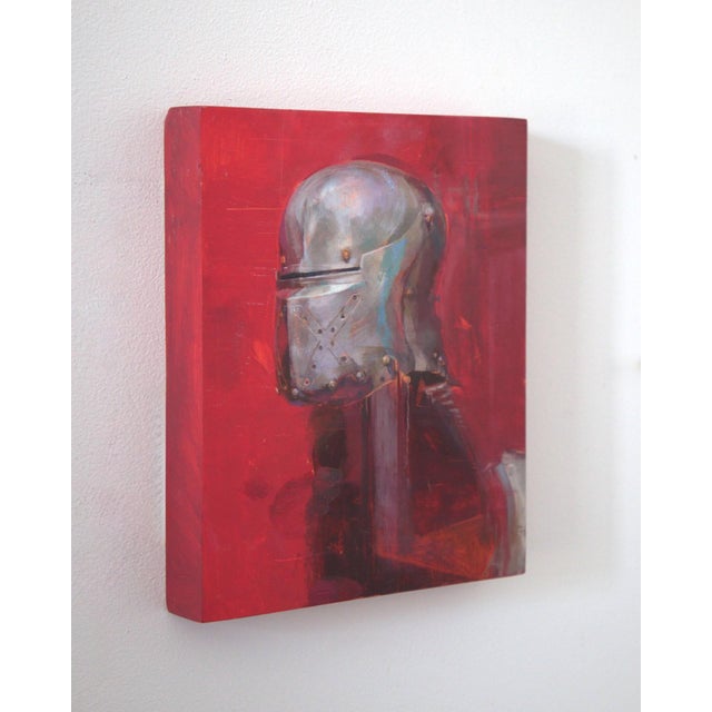 Contemporary Allude to the Cross of St. Andrew by Elena Burykina | Oil on panel Helmet against a red background For Sale - Image 3 of 5
